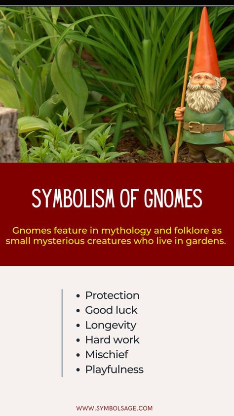 Gnomes feature in mythology and folklore as small mysterious creatures who live in gardens. Some of their meanings are protection, good luck, longevity, hard work, mischief, playfulness. #gnomes #symbolism #protection #goodluck #symbolsage Gnome Meaning, Garden Gnomes Diy, Outdoor Shower Diy, Mysterious Creatures, Garden Gnomes Statue, Magic Land, Types Of Fairies, Witch Garden, Gnome Statues