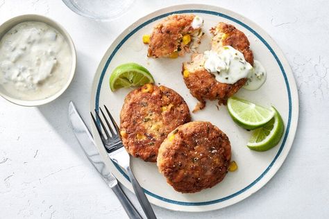 Salmon and Corn Cakes With Jalapeño Mayonnaise  Recipe - NYT Cooking Salmon And Corn, Meat Patties, Cooked Fish, Sauce Tartare, Salad And Dressing, Leftover Salmon, Canned Salmon, Mayonnaise Recipe, Diner Recept