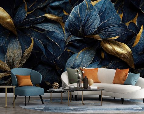 Dark Exotic Leaves Wall Mural Wall Decor Home Renovation Wall Art Peel and Stick or Non Self-adhesive Vinyl Wallpaper - Etsy UK Wallpaper Bedroom Feature Navy, Dark Blue And Gold Bedroom Wallpaper, Peel And Stick Wallpaper Dark Blue Dutch, Navy Wallpaper And Brown Living Room, Blue Feature Wall Living Room Wallpaper, Large Floral Navy Wallpaper Accent Wall, Large Blue Flower Wallpaper, Dark Teal Bedroom Wallpaper, Bold Wallpaper Bathroom Navy