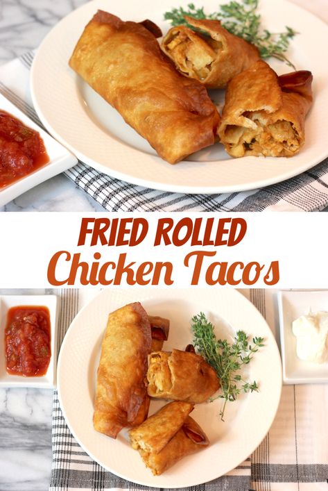 How to make deep fried rolled #chicken #tacos (taquitos). An easy chicken #taco dinner recipe! #chickentacos #dinnerrecipe Rolled Chicken Tacos, Deep Fried Tacos, Best Chicken Taco Recipe, Taco Dinner Recipes, Easy Chicken Taco, Cooking Receipe, Chicken Tacos Recipe Easy, Fried Chicken Taco, Deep Fried Chicken