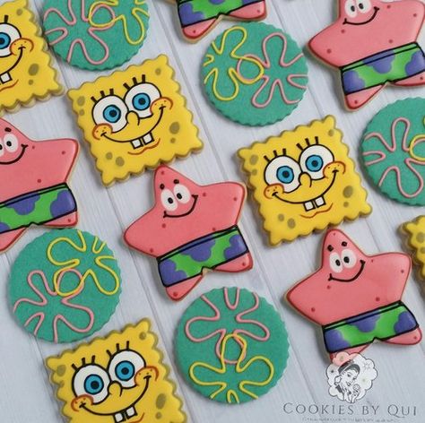 Spongebob Cookies, Spongebob Birthday Party Decorations, Spongebob Birthday Cake, Spongebob Theme, Bolo Rapunzel, Flower Cloud, Spongebob Cake, Spongebob Birthday Party, 25th Birthday Parties