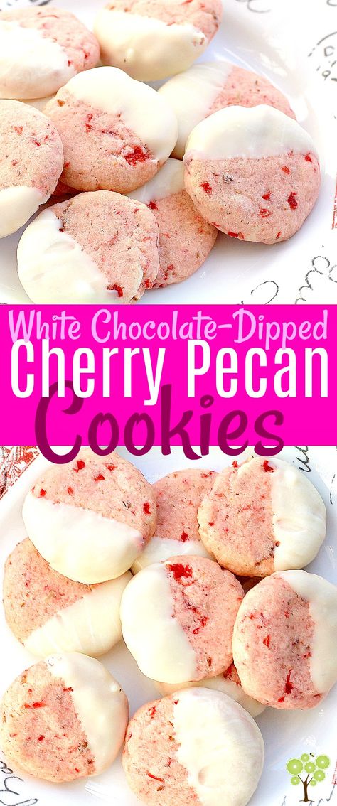 White Chocolate-Dipped, Cherry Pecan Cookies #cookies #food #recipe #pink Pink Recipes, Chocolate Dipped Cherries, Espresso Truffles, Cherry Cookies, Pink Cookies, Shortbread Cookie Recipe, Cookie Brownie Bars, Pecan Cookies, Pecan Recipes