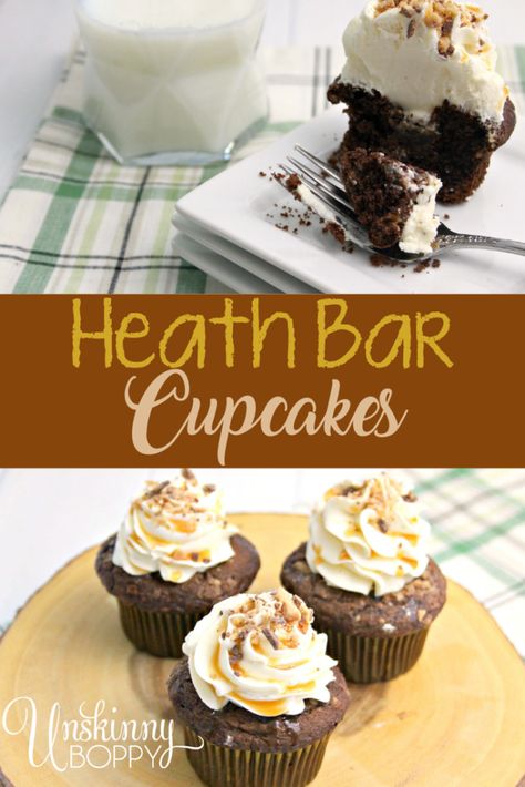 Heath Cupcakes, Easy Bar Recipes, Heath Bar, Salted Caramel Frosting, Home Decorating Diy, Best Chocolate Desserts, Heath Bars, Homemade Snickers, Caramel Frosting