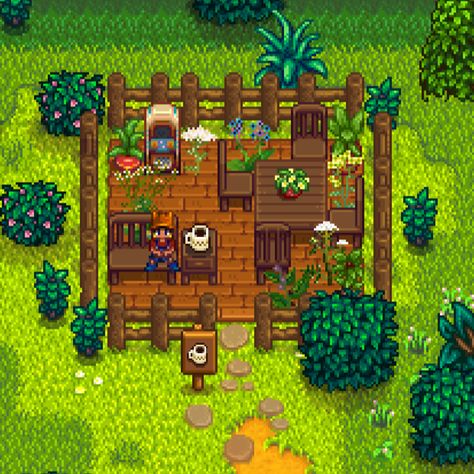 Got inspired by other farmers and made my own coffee break area beside the community center! Need to do that quest for the coffee maker, though. >_< : StardewHomeDesign Break Area, Stardew Farms, Stardew Valley Layout, Stardew Valley Tips, Stardew Valley Farms, Valley Game, Star Valley, Farm Layout, Farm Games