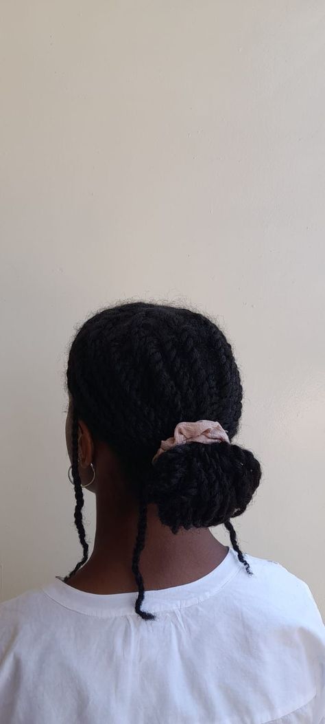 Mini Twist Low Bun, Chunky Mini Twists, Short Mini Twists Hairstyles, Mini Braids On Natural Hair Hairstyles, Styles For Mini Twists, Protective Styles For Medium Length Natural Hair, How To Style Mini Twists, Chunky Twists Natural Hair, Low Bun Braids