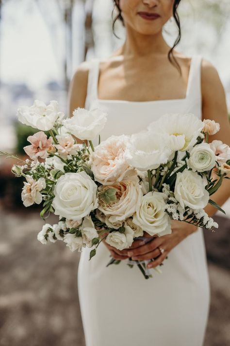 White Garden Style Bouquet, Light Pink Bouquet, Garden Style Bouquet, We Are Over The Moon, Pink Green Wedding, Blush Bouquet Wedding, Blush Bridal Bouquet, Neutral Wedding Flowers, Pink And White Weddings