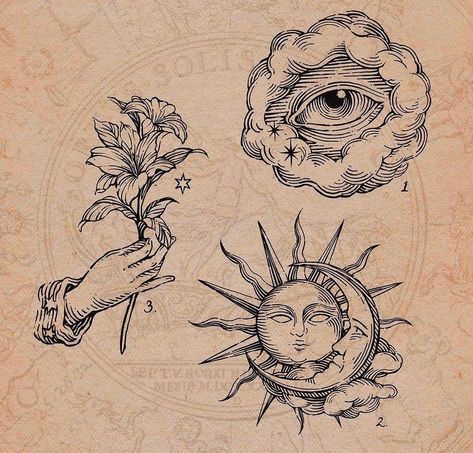 Vintage Esoteric Illustration, Sun And Moon Etching Tattoo, Back Sun And Moon Tattoo, Vintage Celestial Tattoo, Sun Drawing Sketch, Sun And Eye Tattoo, Dark Boho Tattoo, Sun Moon Eye Tattoo, Celtic Mythology Tattoo