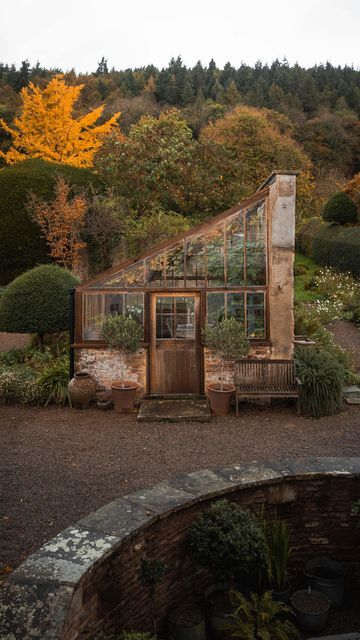 House With A Greenhouse, Spanish Greenhouse, Woodland Garden Design Layout, Italian Greenhouse, Rustic Green House, Reclaimed Greenhouse, Stone Greenhouse, English Greenhouse, Greenhouse Dining Room