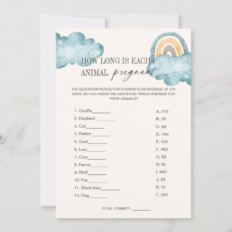 $2.87 | Animal Gestation Baby Shower Game Card | Baby Shower Invitations | clouds, rainbow, watercolor, here comes the son, baby shower activity games, sunshine, digital download, gestation game, how long is each, animal pregnant Clouds Rainbow, Here Comes The Son, Baby Shower Activity, Baby Shower Game Cards, Rainbow Watercolor, Baby Shower Activities, Game Card, Baby Shower Game, Activity Games