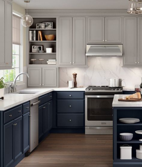 Merillat Cabinetry on Instagram: “Navy blue cabinets are a trending color that will continue to be a statement in your kitchen for years to come. Merillat® Classic Nightfall…” Navy Blue Cabinets, Navy Blue Kitchen Cabinets, Glen Arbor, Blue Kitchen Cabinets, Kitchen Cabinets Decor, Blue Cabinets, Blue Kitchen, Kitchen Cabinet Colors, Diy Kitchen Cabinets