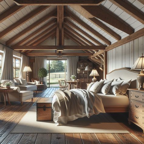 The room should be spacious, with high wooden beamed ceilings. There should be rustic wooden nightstands on either side with vintage table lamps. The flooring should be of wide-planked wood. A large, old-fashioned wooden chest at the foot of the bed. A cozy reading nook with armchairs and a small table in one corner. Large windows with floor-length drapes, overlooking a tranquil farm. Natural light should provide a warm, welcoming glow. This image will serve as inspiration for a remodel. Country Modern Bedroom, Timber Frame Home Interiors, Modern Farmhouse Bedroom Master Suite, Cozy Rustic Bedroom, Big Bedroom, Rustic Bedroom Design, Timber Frame Home, Big Bedrooms, Modern Farmhouse Bedroom