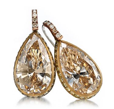 A Pair of Colored Diamond Ear Pendants, by Hemmerle Champagne Diamond Earrings, Colored Diamond Jewelry, Green Diamonds, Fancy Diamonds, Nature Inspired Jewelry, Brown Diamond, Fine Jewels, Pear Shaped Diamond, Champagne Diamond