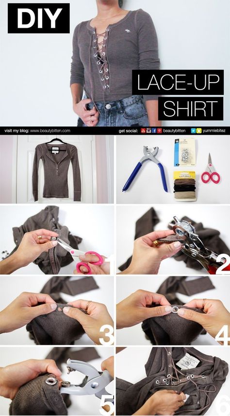 Diy Lace Up Shirt, Diy Lace Up, Shirt Makeover, Diy Fashion Trends, Diy Clothes Videos, Diy Tops, Diy Vetement, Laced Up Shirt, Shirt Refashion