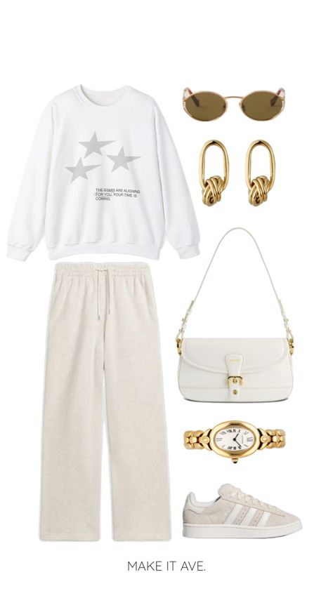 casual chic crewneck outfit with our star sweatshirt, sweatpants, adidas campus shoes, gold watch, white purse, gold earrings, and round sunglasses Adidas Sweatpants Outfit, Adidas Campus Shoes, Campus Shoes, Crewneck Outfit, Trendy Outfits Inspiration, Star Sweatshirt, Sweatpants Outfit, White Purse, Adidas Sweatpants