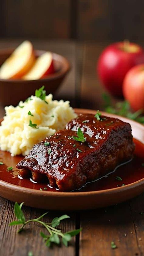 Apple Cider Braised Short Ribs With Mashed Potatoes Cider Braised Short Ribs, Apples And Sweet Potatoes, Braised Short Ribs Recipe, Best Apple Cider, Best Beef Recipes, With Mashed Potatoes, Hearty Casseroles, Braised Short Ribs, Beef Short Ribs