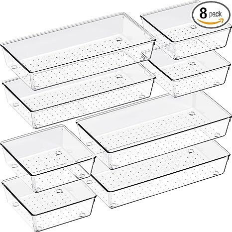 $22.99 About this item Highly Crack-Resistant 【Larger Capacity】Compared to others, our Criusia 8 pack Clear Plastic Drawer Organizer set have larger Capacity for various storage needs, perfect for kitchenware, cosmetics, stationery, tools, fridge, etc. The trays help keep items in order and make it easy for you to get the items you need. Desk Fridge, Vanity Trays, Plastic Drawer Organizer, Drawer Organizer, Drawer Organizers, Bathroom Organizer, Storage Bins, Clear Plastic, Vanity