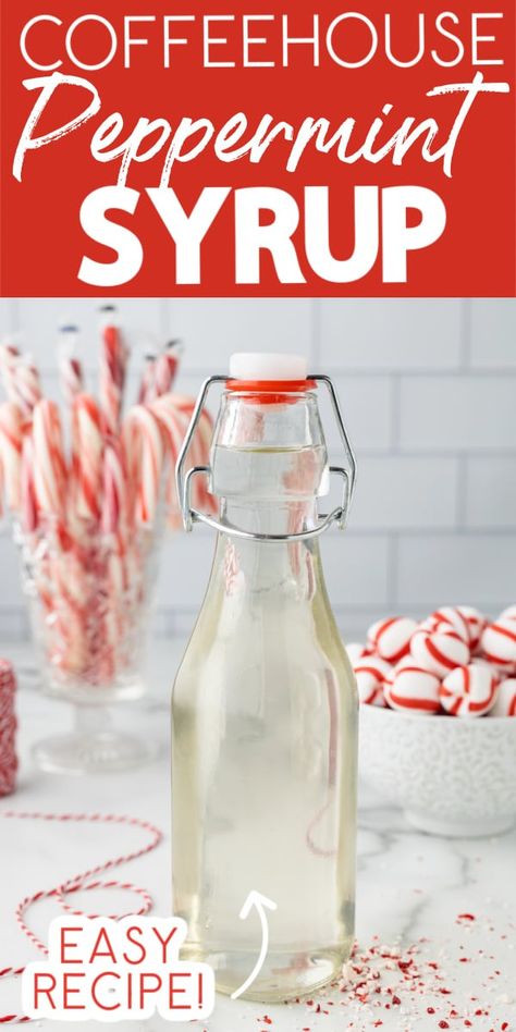 It's easy to make festive seasonal beverages with this 3-ingredient Peppermint Syrup recipe. Customizable to your personal tastes, add it to your favorite warm or iced drinks for taste of the coffeehouse in the comfort of your home. Great in cocktails, too! Peppermint Simple Syrup, Peppermint Coffee Syrup, Peppermint Syrup Recipe, Homemade Coffee Syrup, Peppermint Coffee, Peppermint Recipes, Peppermint Syrup, Coffee Creamer Recipe, Drink Syrups