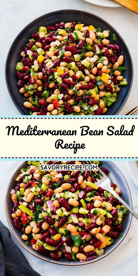 Looking for a refreshing and nutritious dish to elevate your Mediterranean dinner? This Mediterranean Bean Salad Recipe is packed with vibrant flavors and wholesome ingredients. Save this recipe for a quick and healthy meal option that will impress your guests and satisfy your cravings! Mediterranean Diet Pasta Salad, Mediterranean Bean Salad Recipes, Mediterranean Cabbage Salad, Medditeranean Lunch, Mediterranean Diet Salad Recipes, Mediterranean Bowls Recipes, Chickpea Mediterranean Salad, Mediterranean Salad Dressing Recipes, Mediterranean Diet Recipes Salads