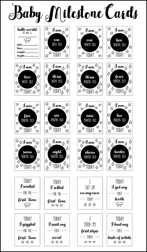 The last week I was pregnant with Prestyn I decided to make these modern monochrome baby milestone cards. I didn’t get a chance to take a photo of Prestyn with the first card in the hospital … Baby Milestone Chart, Baby Milestone Book, Monochrome Baby, Baby Milestone Photos, Baby Printables, Diy Bebe, Modern Monochrome, Baby Memory Book, Baby Milestone Cards