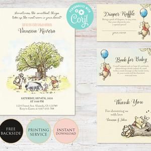 Winnie the Pooh Classic Baby Shower Invitation Gender Neutral | Etsy Winnie The Pooh Balloon, Pooh Balloon, Nursery Wall Art Quotes, Baby Shower Invitation Girl, Pink Printable, Printable Baby Shower Invitations, Invitation Baby Shower, Printable Baby Shower Games