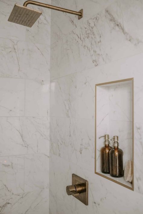 Creating a Spa-Like Oasis: A Look Into Our Classy Primary Bathroom - MY CHIC OBSESSION Gold Shower Niche, Marble Shower Niche, Doorless Showers Walk In, Glass Shower Tub, French Country Decorating Bathroom, Vanity Hardware, Country Bathroom Vanities, Bathroom Finishes, Bathroom 2023