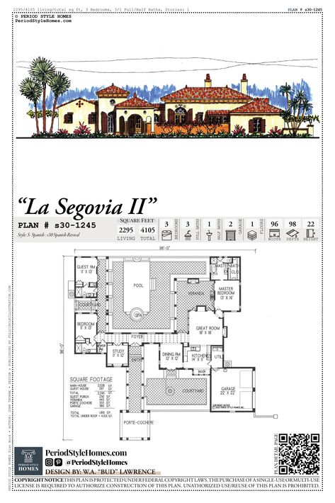 Spanish Revival home with an entry courtyard and spacious outdoor living. Includes a private guest suite. Plans available for purchase to build on your lot. Spanish Revival Floor Plans, Spanish Revival Home Floor Plans, Spanish Floor Plans, Spanish Courtyard House, Spanish Style Home Plans, Spanish Style Homes Plans, Spanish Style House Plans, Spanish House Plans, Modern Spanish Revival