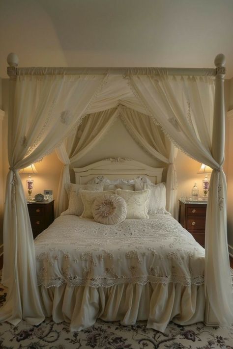 Lace Canopy Bed, Lace Canopy, Canopy Bed Ideas, Future Bedroom Ideas, Canopy Bed Diy, Canopy Bed Curtains, Diy Curtain Rods, Diy Curtain, Dream Bedroom Inspiration