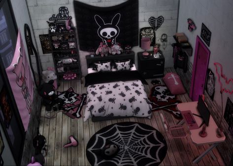 Emo Kawaii Room, Bloxburg Emo House, 90s Goth Room, 2000s Emo Room Ideas, Sims 4 Emo Bedroom Cc, Scene Room Aesthetic, Emo Scene Bedroom, Sims 4 Emo Room Cc, Emo Y2k Room