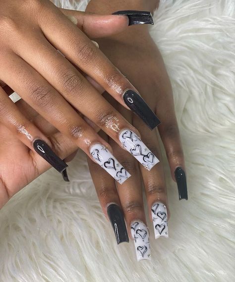 Acrylic Nails With Hearts Design, Long Acrylic Nails Black And White, Drip Nails Acrylic, Chicano Nails, Nails Coffin Short, Black Instagram, Black Acrylic Nails, Acrylic Nail Set, Hippie Nails