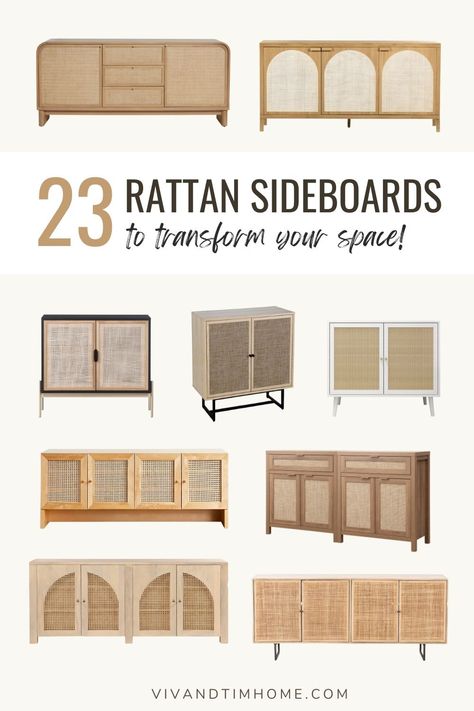 Sideboard Buffet In Dining Room, Wardrobe Room Ideas, Kitchen Sideboard Ideas, Buffet In Dining Room, Boho Buffet, Rattan Bookshelf, Rattan Kitchen, Sideboard Styling, Diy Sideboard