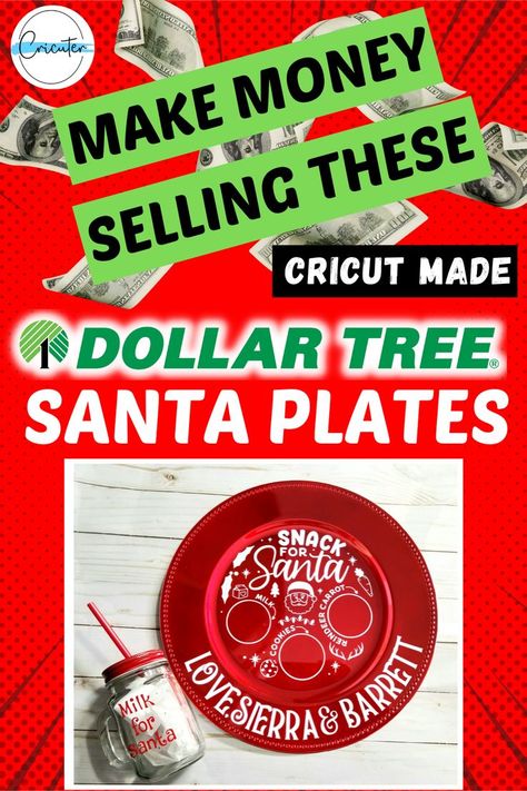 Dollar Tree Charger Plates Diy Christmas, Christmas Charger Plate Ideas, Charger Plates Christmas, Charger Plates Diy, Red Charger, Santa Plates, Charger Plate Crafts, Dollar Tree Cricut, Cricut Maker 3