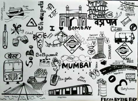 mumbai doodle Mumbai Lettering Drawing, Mumbai City Drawing, Mumbai Doodle Art, Delhi Doodle, India Doodle Art, Mumbai Sketch, Mumbai Drawing, India Doodle, City Doodle