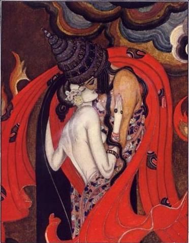 The Lovers Perish in the Fire by Kay Nielsen Tibetan elements - the smoke clouds, and an almost Klimt-like composition. Thousand And One Nights, Kay Nielsen, Night Illustration, Fairytale Illustration, The Lovers, Arabian Nights, Children's Book Illustration, The Fire, Vintage Illustration