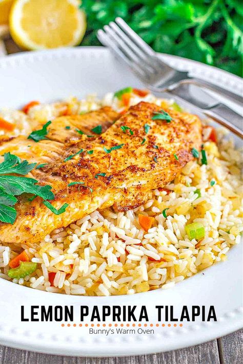 Lemon Paprika Tilapia with a rice side dish. Lemon Pepper Tilapia, Tilapia Recipes Easy, Seafood Salads, Cabbage Side Dish, Fish Dinners, Rice And Vegetables, Seafood Meals, Grilled Seafood Recipes, Rice Side