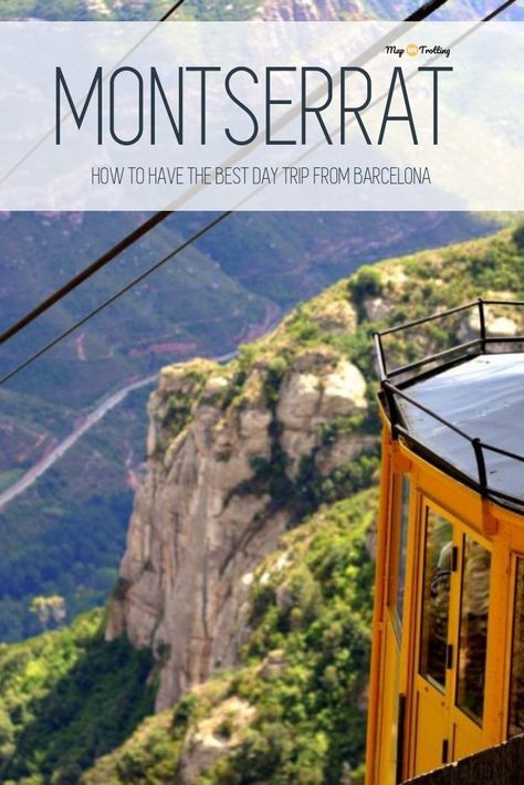 A yellow cable car is high in the air, crossing the scenic valley all the way to the rocky peaks of Montserrat in Spain. Monserrat Spain, Travel Europe Cheap, Have The Best Day, Mediterranean Cruise, Barcelona Travel, Europe Vacation, Need A Vacation, Cable Car, Europe Travel Guide