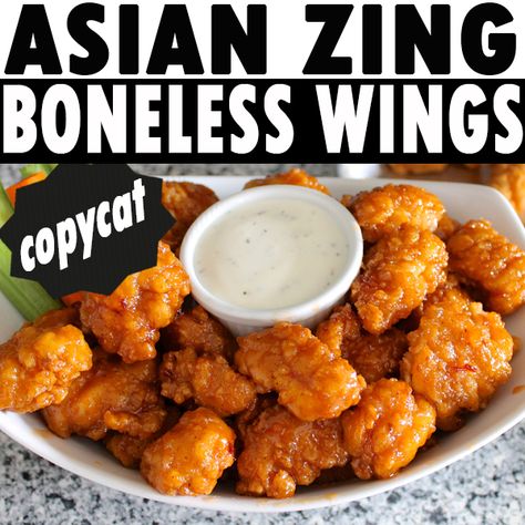 Copycat Asian Zing Boneless Chicken Wings: 24 oz bag boneless chicken wings (or chicken tenders, popcorn chicken, etc)  2 tbsp cornstarch  2 tbsp seasoned rice wine vinegar  1/2 cup corn syrup  1/3 cup sugar  2 tbsp chili-garlic sauce (add more or less to taste)  1 tbsp soy sauce  1 tsp lemon juice  1/4 tsp ground ginger  1/4 tsp salt  1/2 tsp garlic powder Asian Zing Sauce, Boneless Wing Recipes, Fastfood Restaurant, Boneless Chicken Wings, Boneless Wings, Popcorn Chicken, Wings Recipe, Wing Sauce, Chicken Wing