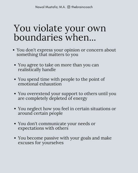 Credit: thebraincoach  Recognize when you've crossed your boundaries and commit to stopping. This pin encourages self-awareness and self-care by promoting healthy boundaries. Respect your limits and prioritize your well-being. Learn to say no and honor your boundaries to maintain emotional and mental health. Embrace assertiveness and empower yourself to protect your personal space and values. 🌿💖 How To Maintain Healthy Relationship, Self Respect Tips, How To Stop Getting Attached Easily, Creating Healthy Boundaries, How To Build Boundaries, Setting Boundaries With Yourself, Importance Of Boundaries, Healthy Friendship Boundaries, Boundaries With Self