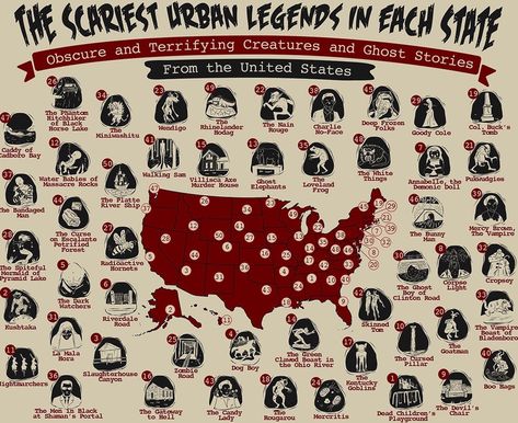 The scariest urban legends from each US state American Folklore Creatures, American Urban Legends, Urban Legends Art, Cryptid Hunter Aesthetic, Light Creature, Urban Legends Stories, Terrifying Creatures, Scary Urban Legends, American Myths (urban Legends)