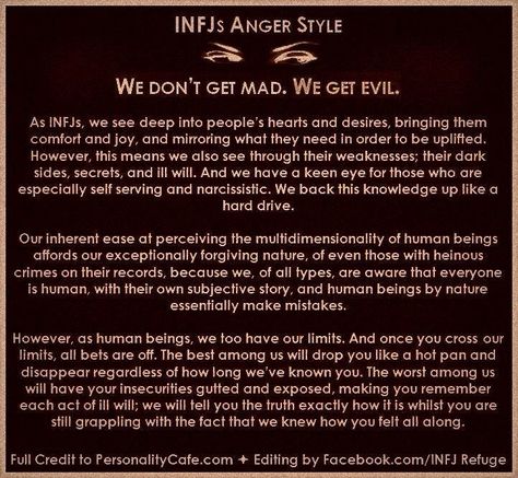 Hmmm.  This is good.  I take the first approach and when a person refuses to repent, it takes a while but eventually I just become "done" with that person.  And I had no other way to express it other than "when I'm done, I'm done" and have no guilt about moving on.  But it takes me a loooong time to get to that point.  And the INFJ dilemma: I'm never sure if this is a strength or a weakness... am I being patient, or just running from a possible confrontation. Myers Briggs Infj, Mbti Infj, Infj Psychology, Infj Type, Intj And Infj, Infj Mbti, Door Slam, Infj Personality Type, Myers Briggs Personality Types