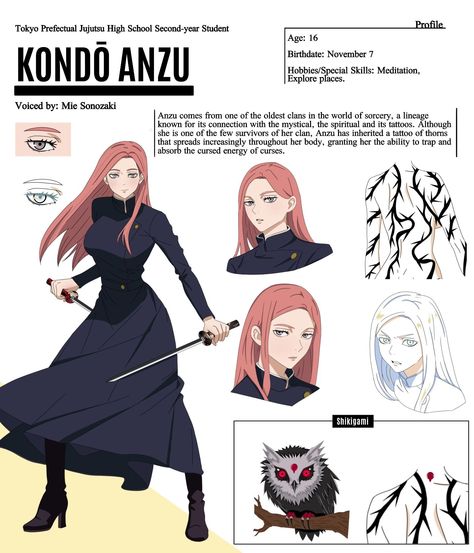 #jujutsukaisenoc [Kondō Anzu character sheet] . . . Finally here it is 😵‍💫 Then I will go deeper into her story in the next illustrations <3 . . . #jjk #jujutsukaisen #ocjujutsukaisen #originalcharacter #ocxcanon #oc #jujutsukaisenanime #jjkoc #jjkfanart #animeart #manga #getosuguru #gojosatoru How To Draw Jjk Characters, Oc Anime Characters, Character Sheet Ideas, Cursed Spirit Jjk Oc, Jjk Oc Powers, Avatar Airbending Poses, Character Ref Sheet, Character Design Sheet, Jjk Oc