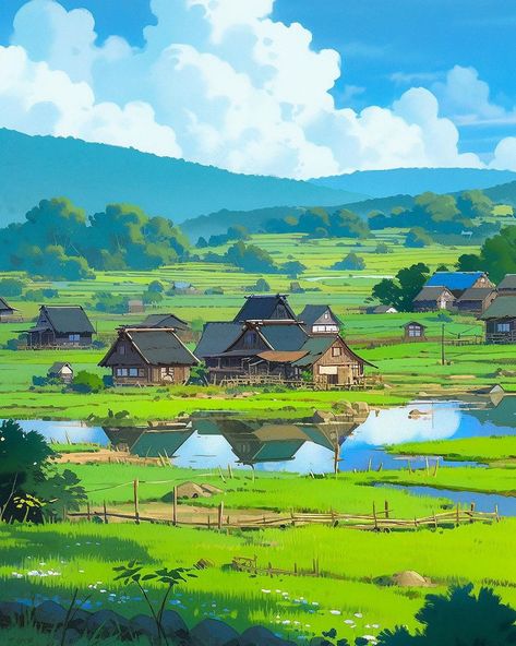 Anime Village Scenery, Anime Environment, Landscapes Wallpaper, Village Scene Drawing, Village Drawing, Japanese Art Samurai, Japanese Countryside, Japanese Wallpaper Iphone, Fantasy Village