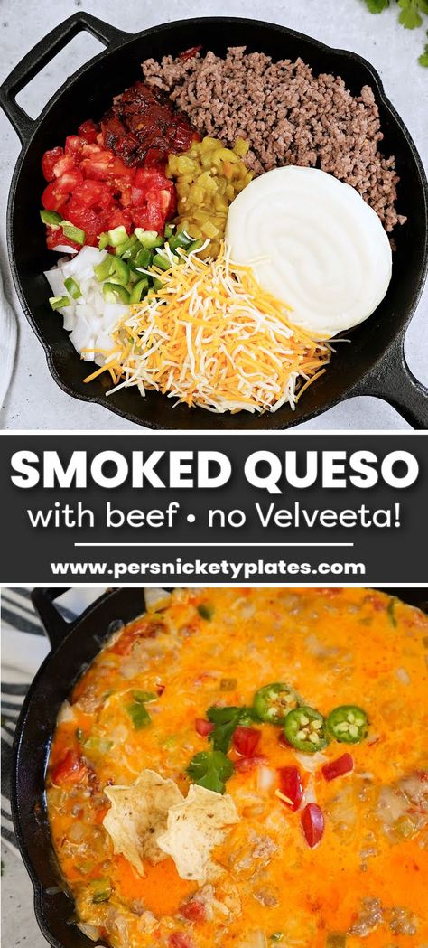 This smoked queso recipe with beef is made with two kinds of freshly grated real cheese and no Velveeta! Loads of ground beef, tomatoes, onions, and three kinds of peppers for heat are cooked low and slow in a flavor-infused smoker giving this ultimate queso dip tons of Mexican-inspired flavor. Meaty Queso Dip Crock Pot, Homemade Queso Dip With Meat, Smoked Queso Without Velveeta, Grilled Queso Dip Without Velveeta, Smoker Ground Beef Recipes, White Queso Dip With Ground Beef, No Velveeta Queso Dip, Smoker Queso Dip, Grilled Queso Dip