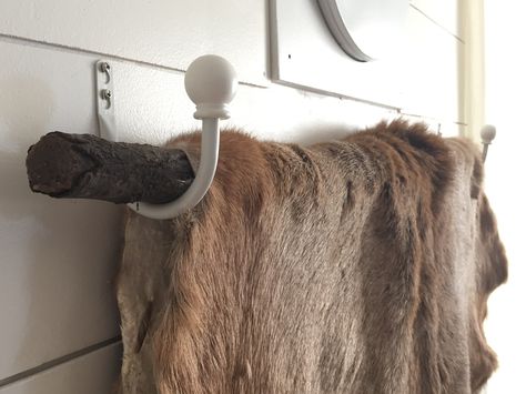 Inexpensive way to hang a deer hide! Get two curtain tie back hooks, and one tree branch. Screw them evenly on the wall. Place the branch across. Drape the hide over carefully and enjoy! Elk Hide Decor, Animal Hide Decor, Bear Skin Rug, Tie Back Hooks, Curtain Tie Back Hooks, Hunting Decor, Deer Hide, Skin Rugs, Deer Decor