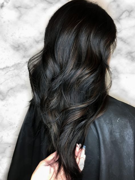 Black Hair Ash Brown Highlights, Dark Ash Balayage On Black Hair, Black Hair Outfit Ideas, Ash Brown Babylights On Black Hair, Glossy Jet Black Hair, Subtle Ash Brown Balayage On Black Hair, Black Hair Balayage, Jet Black Hair, Black Hair With Highlights