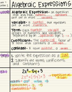 Includes guided notes and answer key for the following 6th grade math units/standards:Algebraic ExpressionsEvaluating Algebraic ExpressionsWriting ExpressionsFactoring ExpressionsAdding/Subtracting Linear ExpressionsThis product will be included in a GROWING bundle with all other 6th grade math standards Writing Algebraic Expressions Anchor Chart, Linear Equations Notes Algebra 1, Homeschool Math 3rd Grade, Log Math Notes, Rational Numbers Notes, Algebra Help High Schools, Algebra For Beginners, Math Ideas For Middle School, How To Organize Math Notes