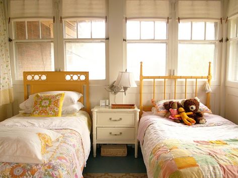 Yellow Headboard, Cottage Style Bedrooms, Painted Beds, Two Twin Beds, Sleeping Porch, Yellow Bedding, Twin Beds, Shared Bedroom, Shared Room