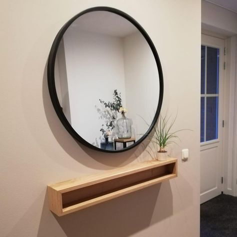 Mirror Wall Decor Entrance, Mirror In Hallway, Entrance Board, Foyer Mirror, Round Wood Mirror, Entrance Mirror, Apartment Entryway, Modern Cupboard Design, Wall Mirror With Shelf