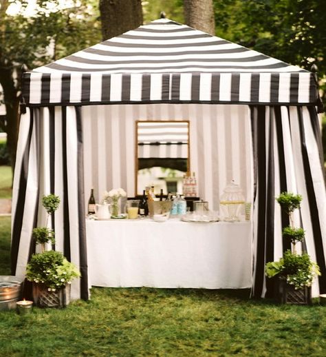 black and white striped canopy tent - Google Search Design Darling, Outdoor Dinner Parties, Outdoor Dinner, Black White Wedding, Outdoor Tent, Event Inspiration, Decoration Inspiration, Outdoor Bar, Outdoor Party