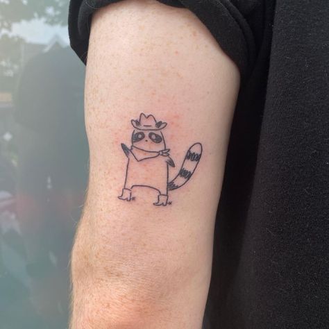 Jennifer Ilett’s Instagram profile post: “Raccoon cowboy for Landon yesterday! So fun to be back making silly tattoos for you all 💕” Cowboy Hat Tattoo, Raccoon Tattoo, Hand Tattoos For Women, Cute Tiny Tattoos, Bad Tattoos, Cool Small Tattoos, Unique Tattoo Designs, Baby Tattoos, Time Tattoos