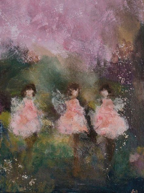 Oil Painting Fairy, Fairy Abstract Painting, Abstract Fairy Painting, 3 Sisters Painting, Pink Fairy Painting, Acrylic Fairy Painting Ideas, Dreamy Art Painting, Subtle Paintings, Fairy Painting Ideas